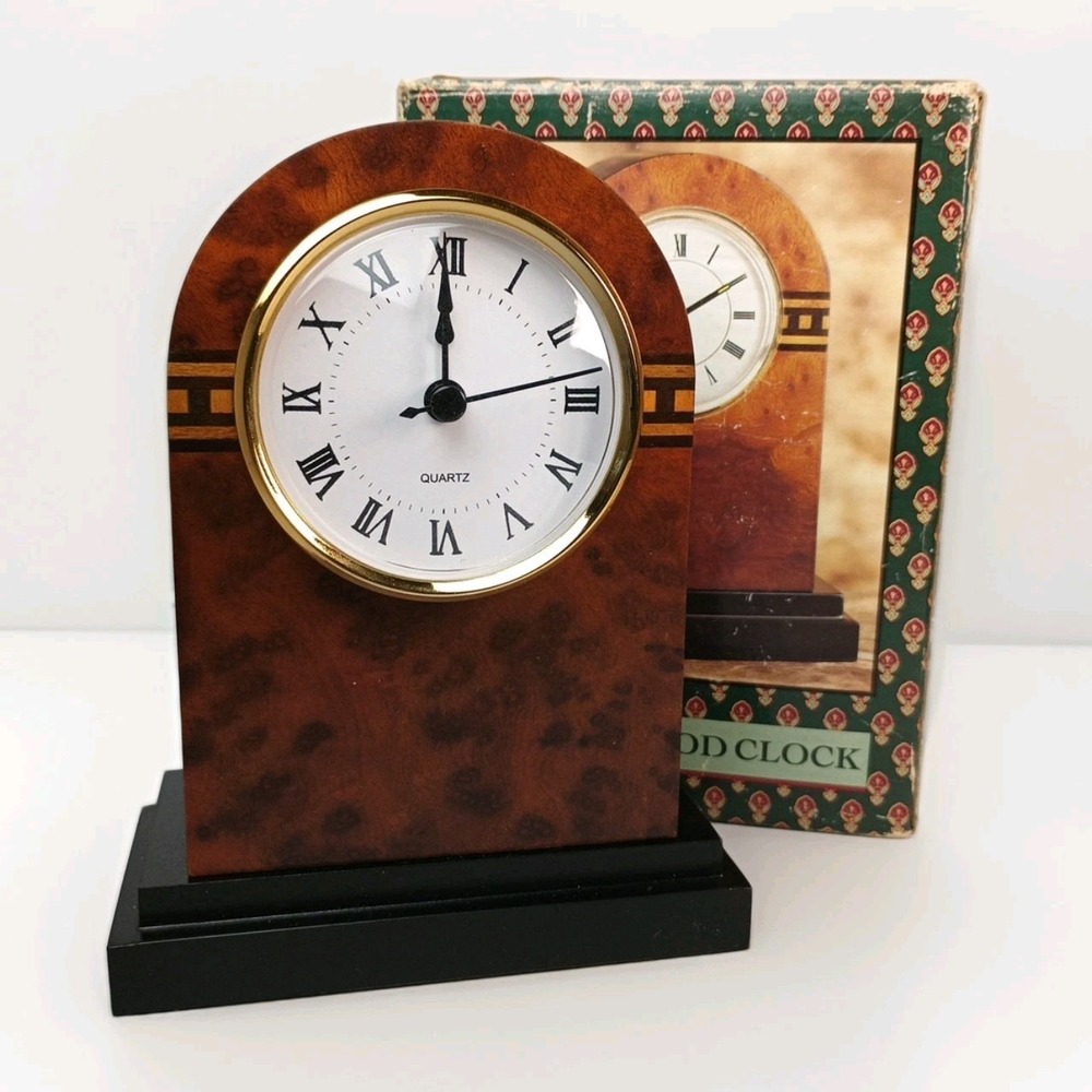 Dayton Hudson Corp Deco Wooden Clock Semi Circular Art Hand Inlaid Design Quartz